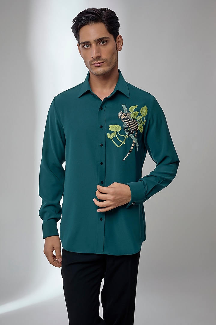 Deep Teal Green Japanese Fabric Embroidered Wedding Shirt by SALIL BHATIA at Pernia's Pop Up Shop