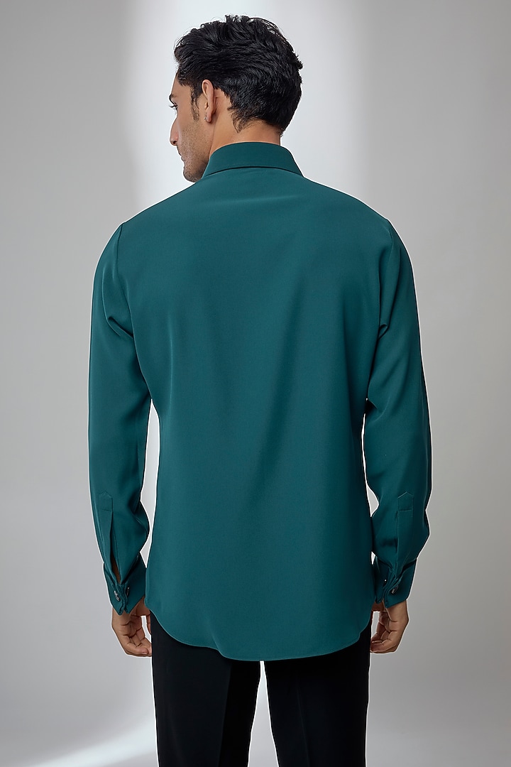 Deep Teal Green Japanese Fabric Embroidered Wedding Shirt by SALIL BHATIA at Pernia's Pop Up Shop
