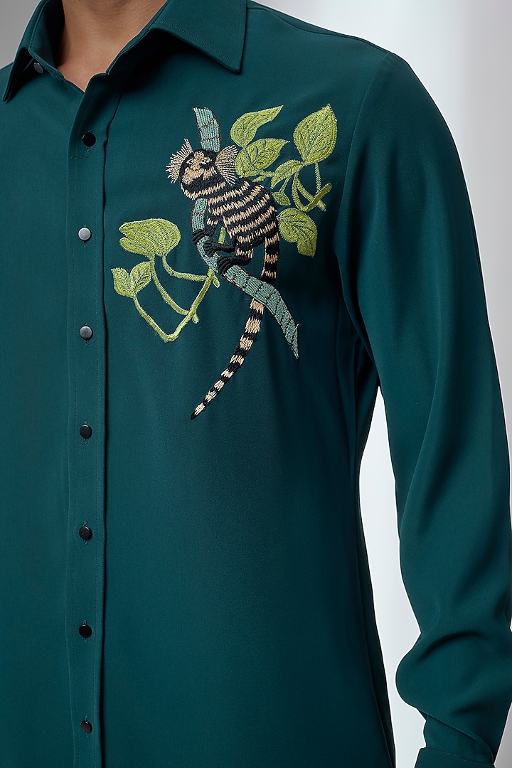Deep Teal Green Japanese Fabric Embroidered Wedding Shirt by SALIL BHATIA at Pernia's Pop Up Shop