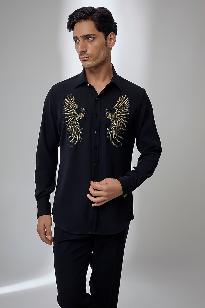 Black Japanese Fabric Hand Embroidered Wedding Shirt by SALIL BHATIA at Pernia's Pop Up Shop