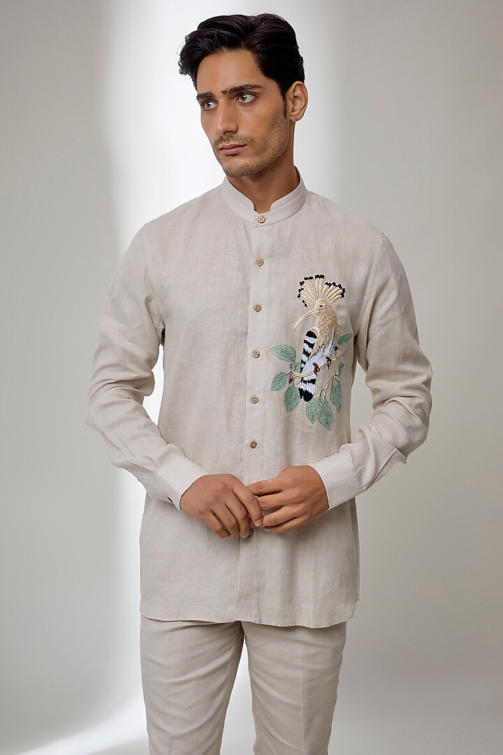 Beige Pure Linen Embroidered Wedding Shirt by SALIL BHATIA at Pernia's Pop Up Shop