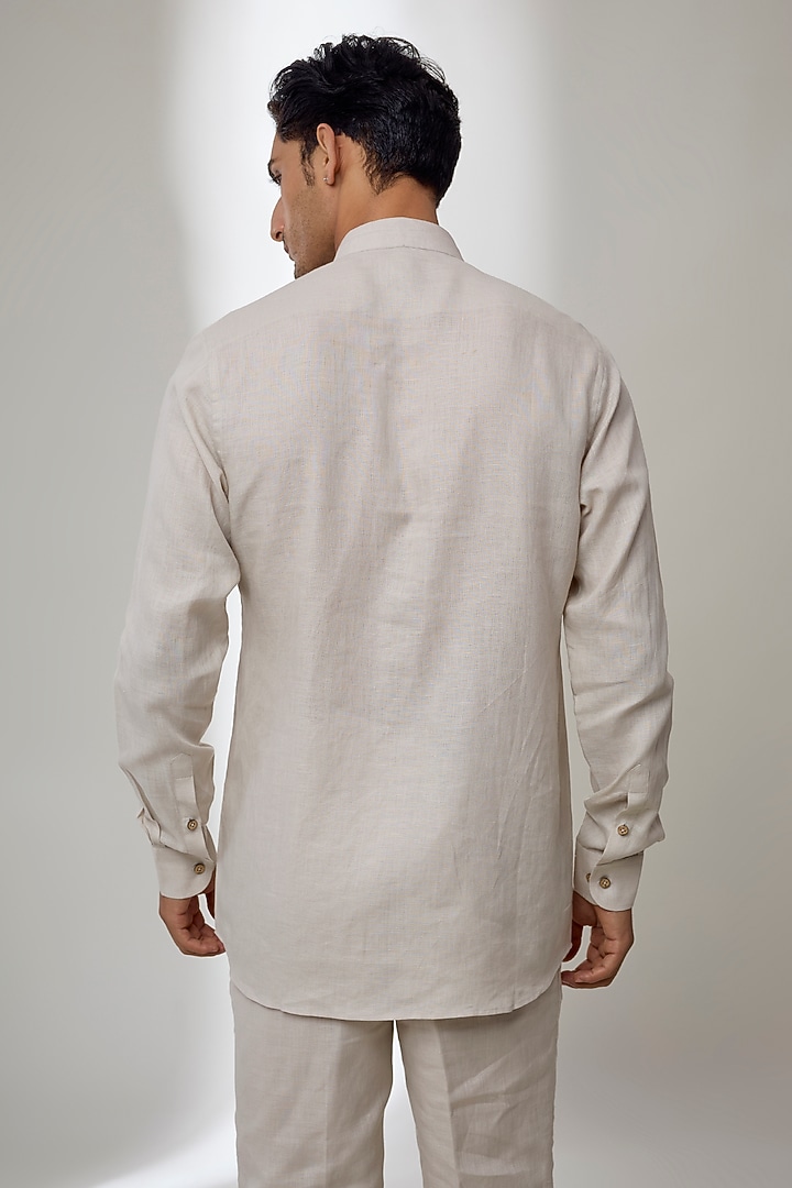 Beige Pure Linen Embroidered Wedding Shirt by SALIL BHATIA at Pernia's Pop Up Shop