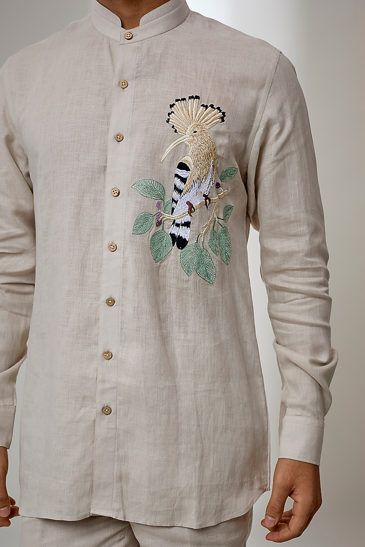 Beige Pure Linen Embroidered Wedding Shirt by SALIL BHATIA at Pernia's Pop Up Shop