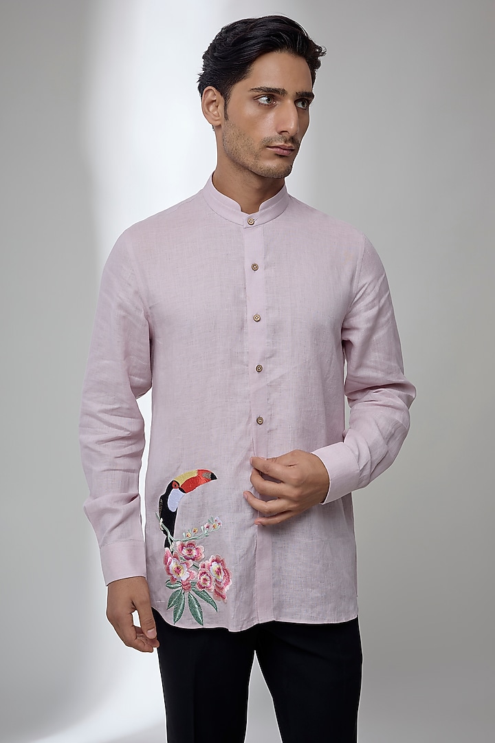 Blush Pink Pure Linen Floral Embroidered Wedding Shirt by SALIL BHATIA at Pernia's Pop Up Shop