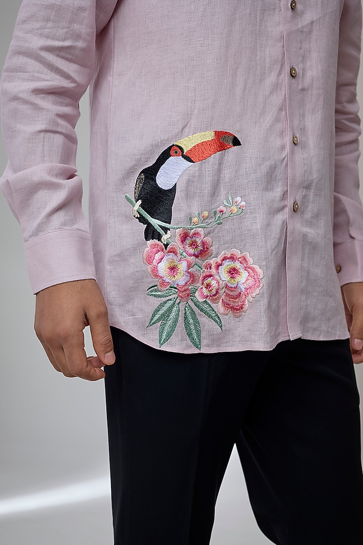 Blush Pink Pure Linen Floral Embroidered Wedding Shirt by SALIL BHATIA at Pernia's Pop Up Shop