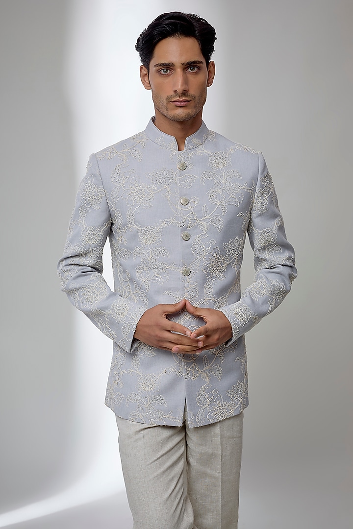 Ice Blue Cotton Linen Cutdana Work Wedding Bandhgala by SALIL BHATIA at Pernia's Pop Up Shop