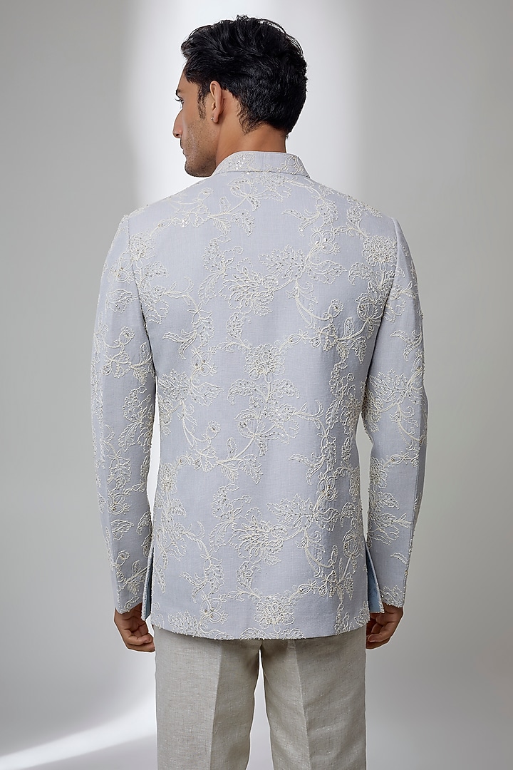 Ice Blue Cotton Linen Cutdana Work Wedding Bandhgala by SALIL BHATIA at Pernia's Pop Up Shop