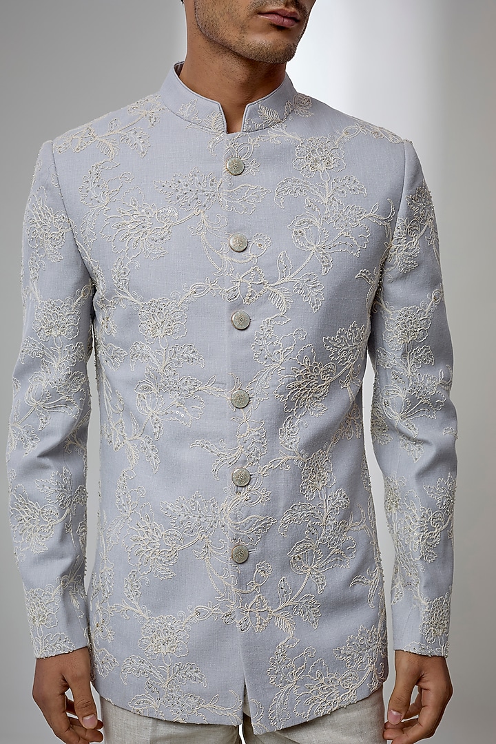 Ice Blue Cotton Linen Cutdana Work Wedding Bandhgala by SALIL BHATIA at Pernia's Pop Up Shop