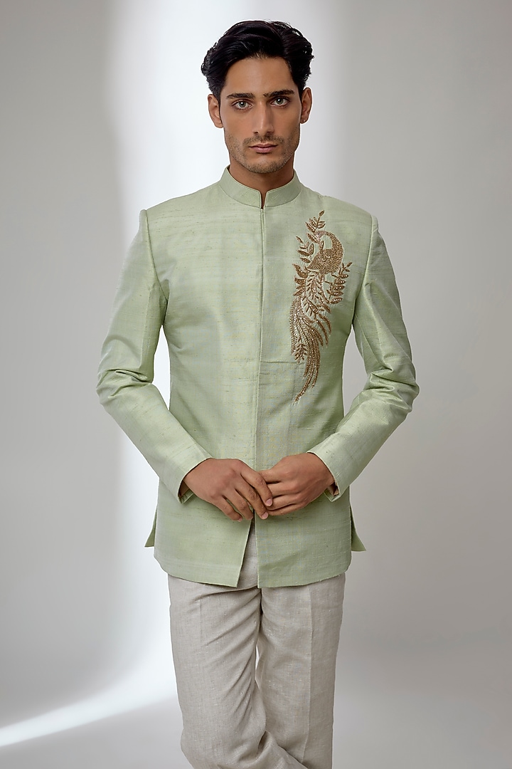 Pista Green Pure Raw Silk Zardosi Embroidered Wedding Bandhgala by SALIL BHATIA at Pernia's Pop Up Shop