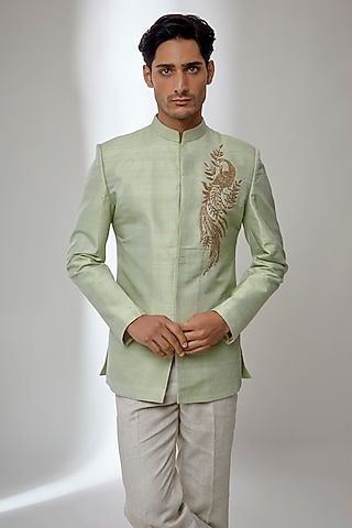 Pista Green Pure Raw Silk Zardosi Embroidered Bandhgala by salil bhatia
