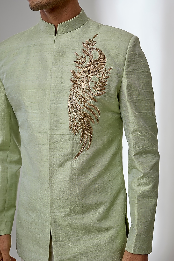 Pista Green Pure Raw Silk Zardosi Embroidered Wedding Bandhgala by SALIL BHATIA at Pernia's Pop Up Shop
