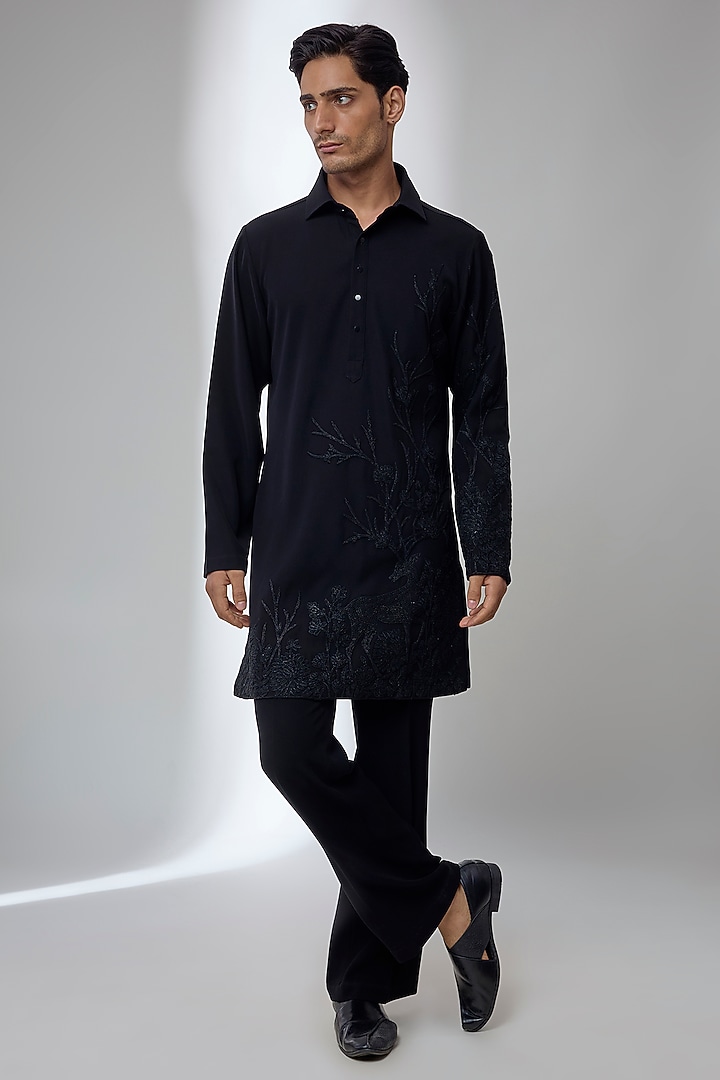 Black Japanese Fabric Embroidered Kurta Set by SALIL BHATIA at Pernia's Pop Up Shop