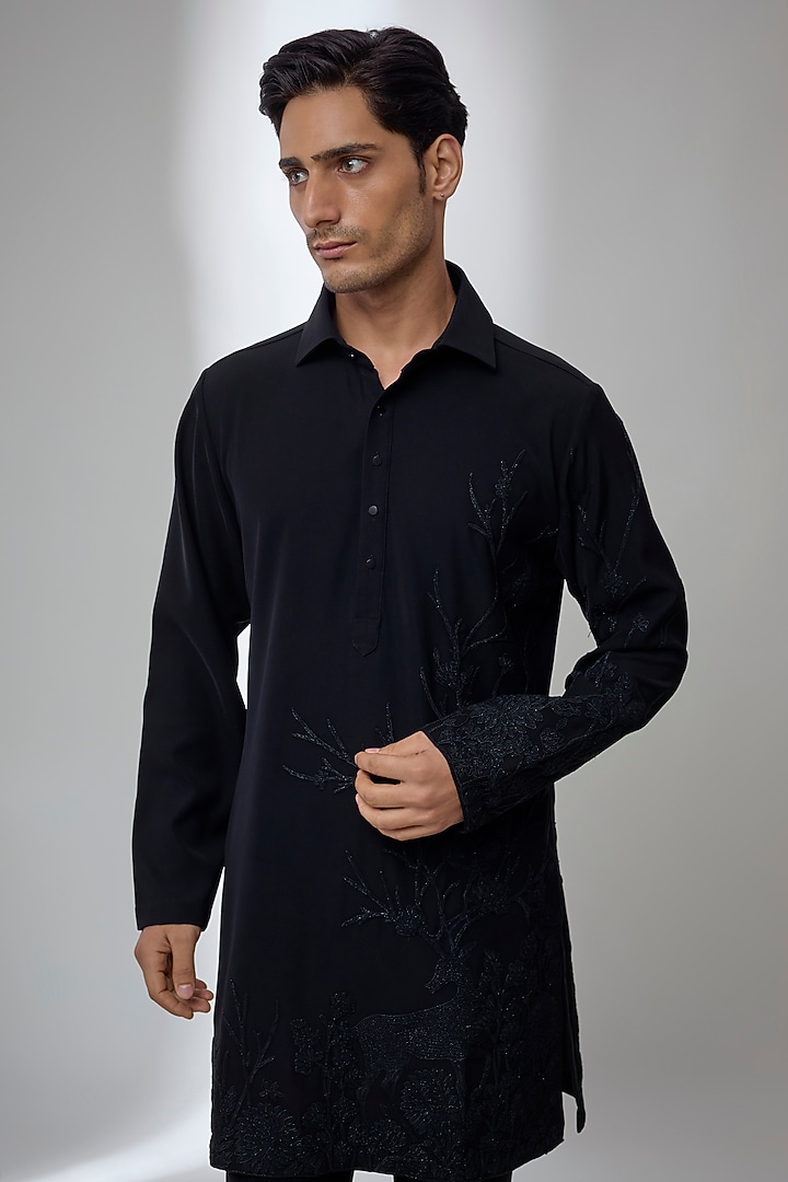 Black Japanese Fabric Embroidered Kurta Set by SALIL BHATIA at Pernia's Pop Up Shop