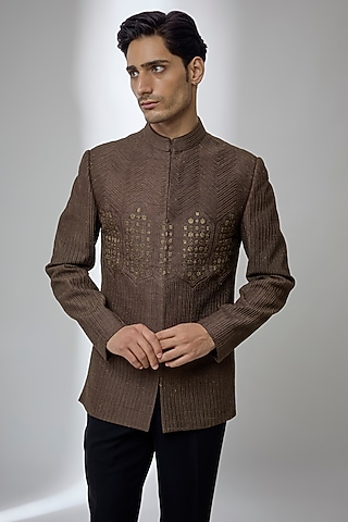 Brown Pure Raw Silk Zari Embroidered Bandhgala by salil bhatia