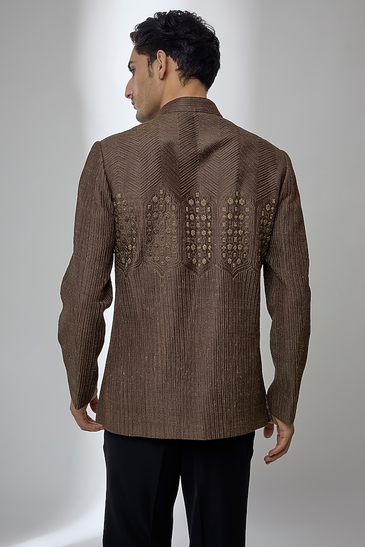 Brown Pure Raw Silk Zari Embroidered Wedding Bandhgala by SALIL BHATIA at Pernia's Pop Up Shop