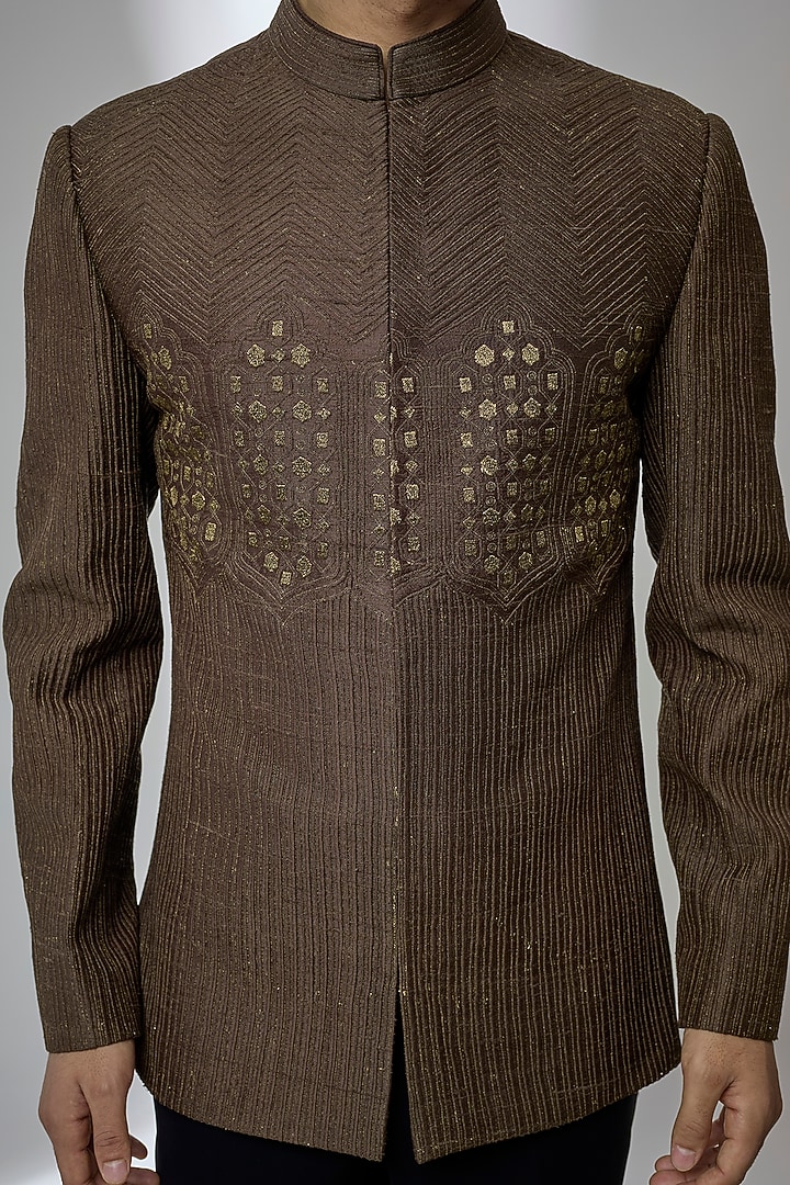 Brown Pure Raw Silk Zari Embroidered Wedding Bandhgala by SALIL BHATIA at Pernia's Pop Up Shop