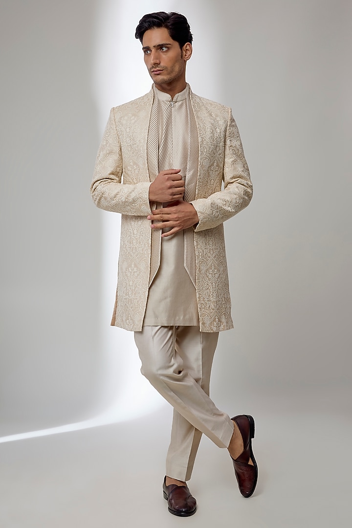 Beige Silk Tussar Thread Embellished Wedding Indowestern Set by SALIL BHATIA at Pernia's Pop Up Shop