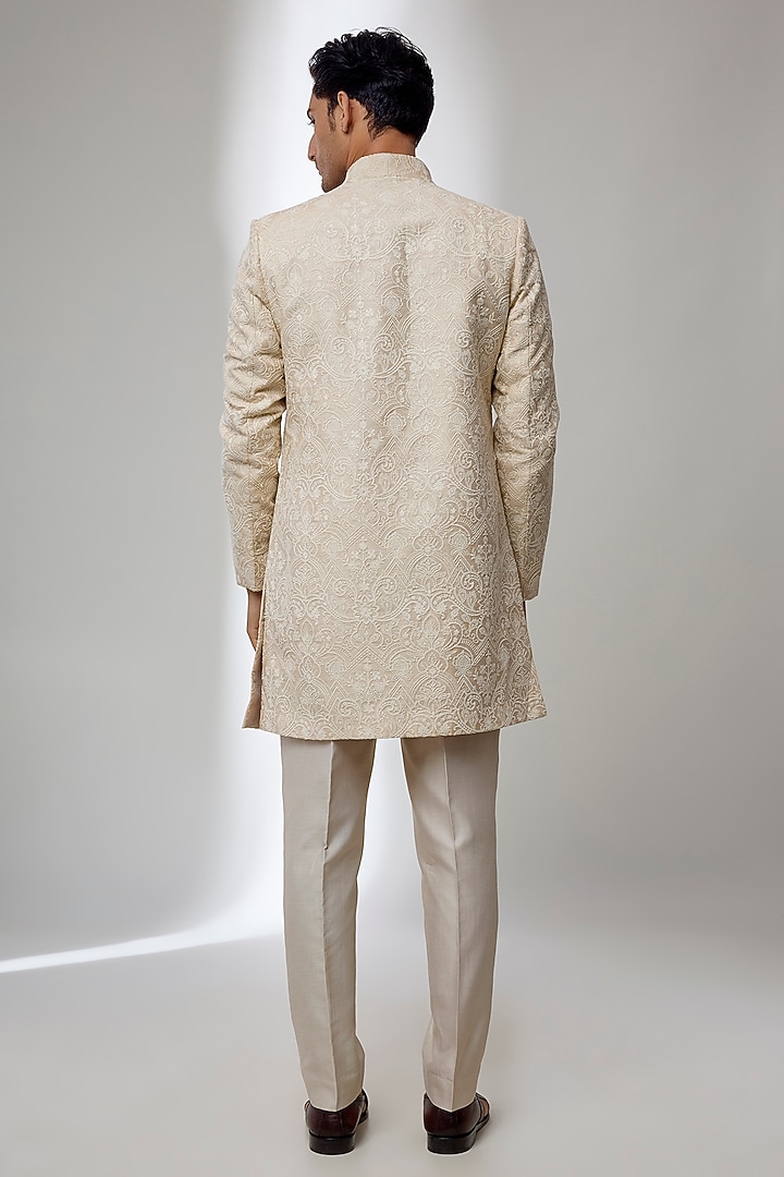 Beige Silk Tussar Thread Embellished Wedding Indowestern Set by SALIL BHATIA at Pernia's Pop Up Shop