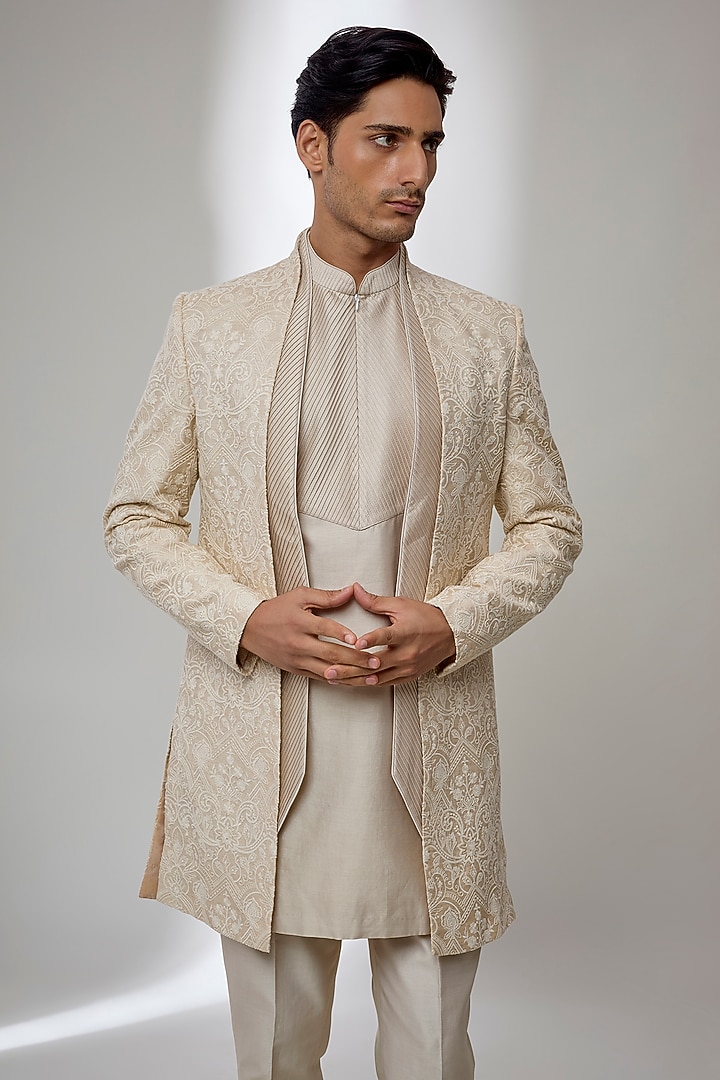 Beige Silk Tussar Thread Embellished Wedding Indowestern Set by SALIL BHATIA at Pernia's Pop Up Shop