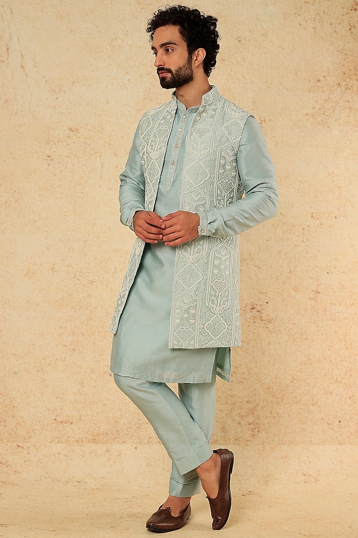 Pastel Green Embroidered Jacket With Kurta Set by SALIL BHATIA