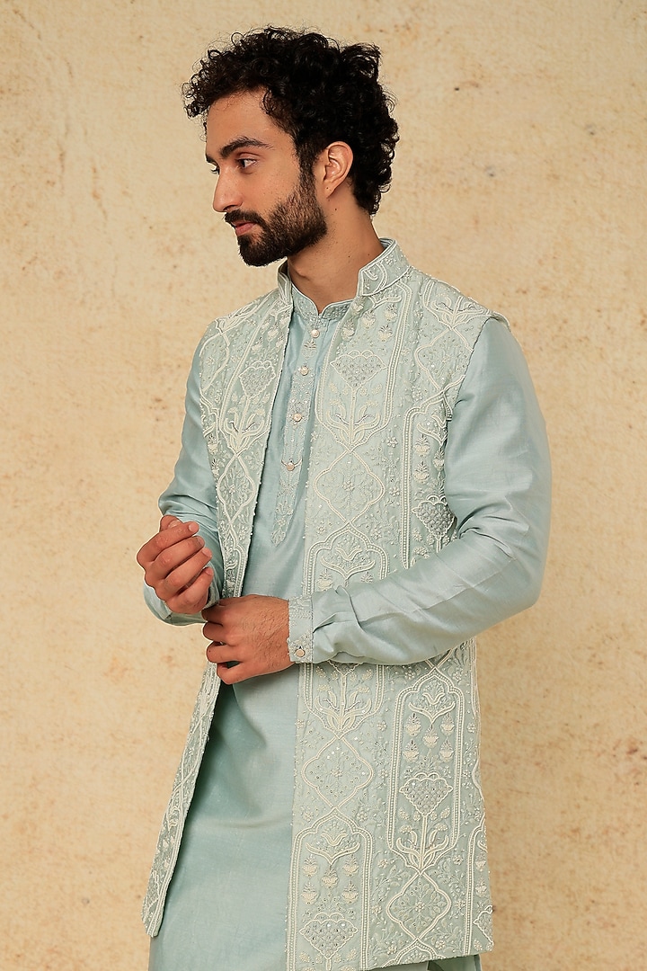 Pastel Green Embroidered Indowestern Set by SALIL BHATIA at Pernia's Pop Up Shop