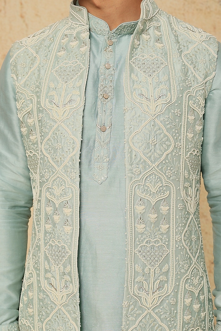Pastel Green Embroidered Indowestern Set by SALIL BHATIA at Pernia's Pop Up Shop