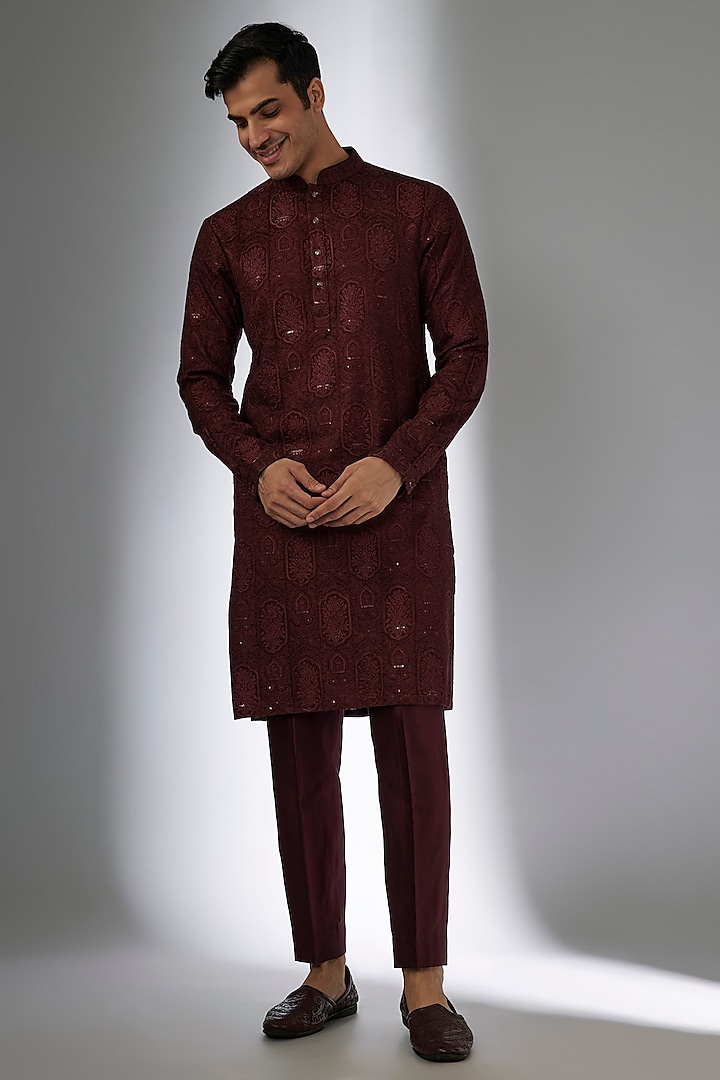 Wine Dola Silk Sequins Embellished Kurta Set by SALIL BHATIA at Pernia's Pop Up Shop