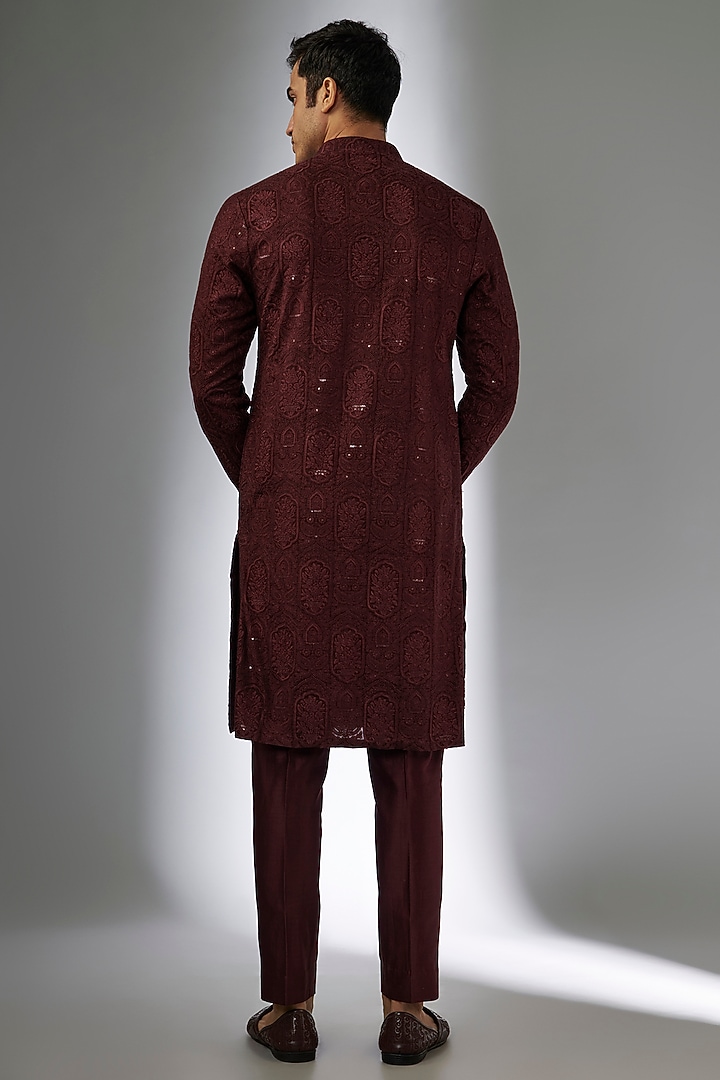 Wine Dola Silk Sequins Embellished Kurta Set by SALIL BHATIA at Pernia's Pop Up Shop