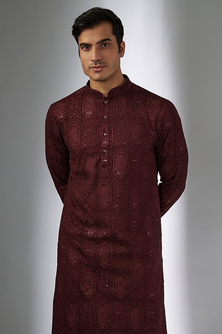 Wine Dola Silk Sequins Embellished Kurta Set by SALIL BHATIA at Pernia's Pop Up Shop