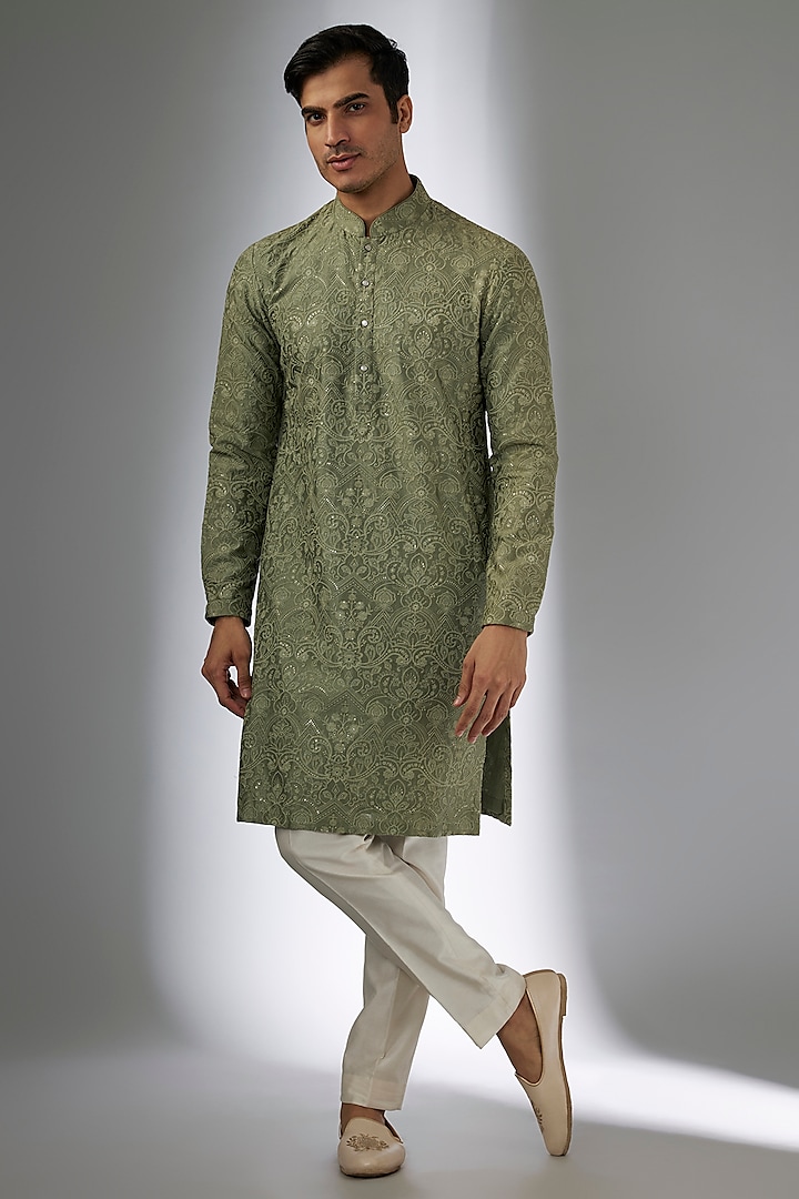 Sage Green Silk Chanderi Sequins Embellished Kurta Set by SALIL BHATIA at Pernia's Pop Up Shop