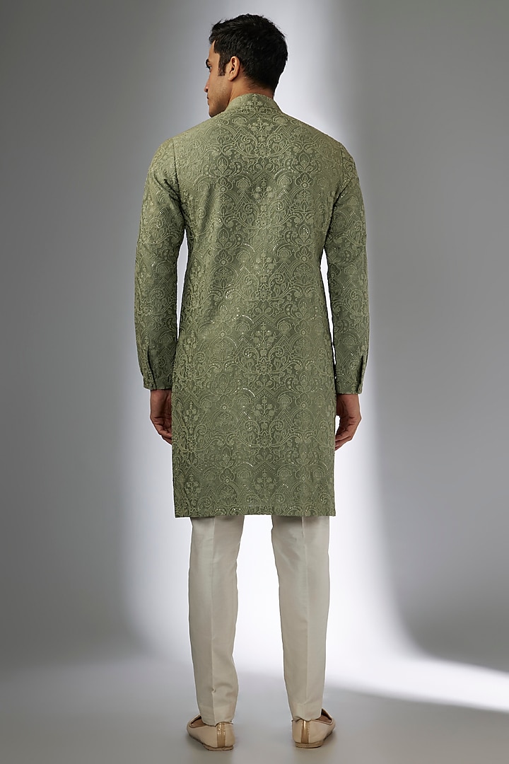 Sage Green Silk Chanderi Sequins Embellished Kurta Set by SALIL BHATIA at Pernia's Pop Up Shop
