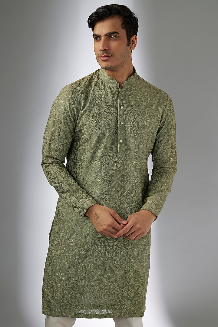 Sage Green Silk Chanderi Sequins Embellished Kurta Set by SALIL BHATIA at Pernia's Pop Up Shop