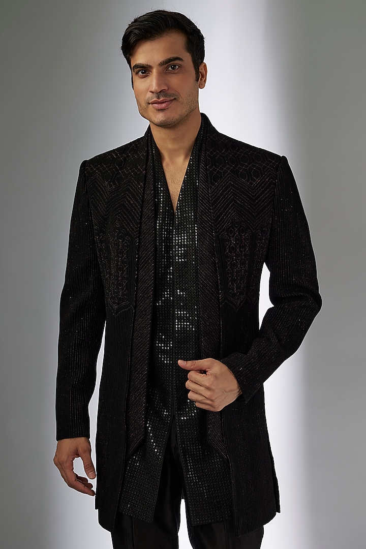 Black Japanese Zari Embroidered Indo-Western Set by SALIL BHATIA at Pernia's Pop Up Shop