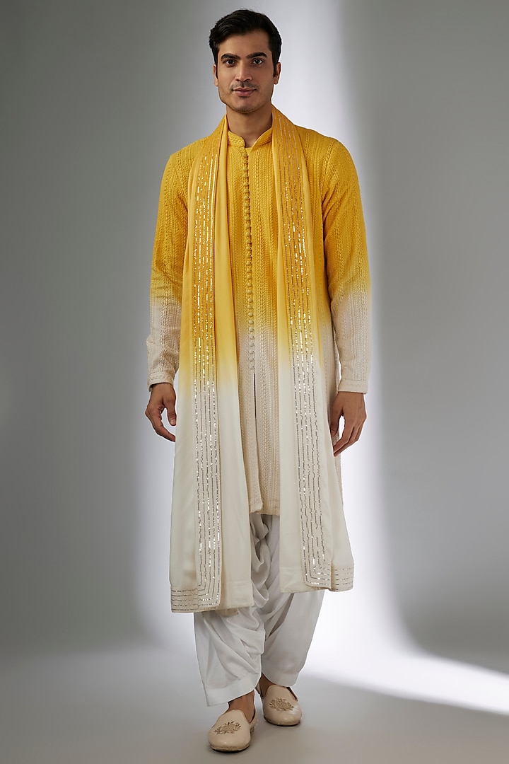 Yellow & Ivory Ombre Georgette Thread Work Kurta Set by SALIL BHATIA