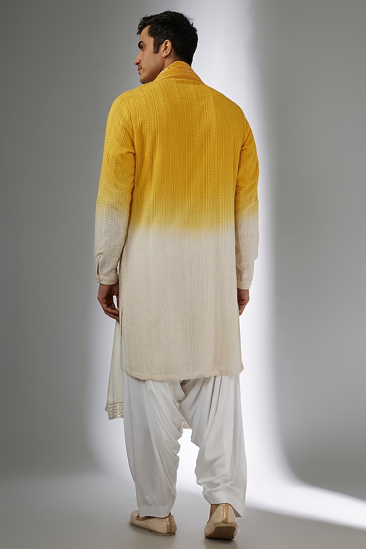 Yellow & Ivory Ombre Georgette Thread Work Kurta Set by SALIL BHATIA at Pernia's Pop Up Shop