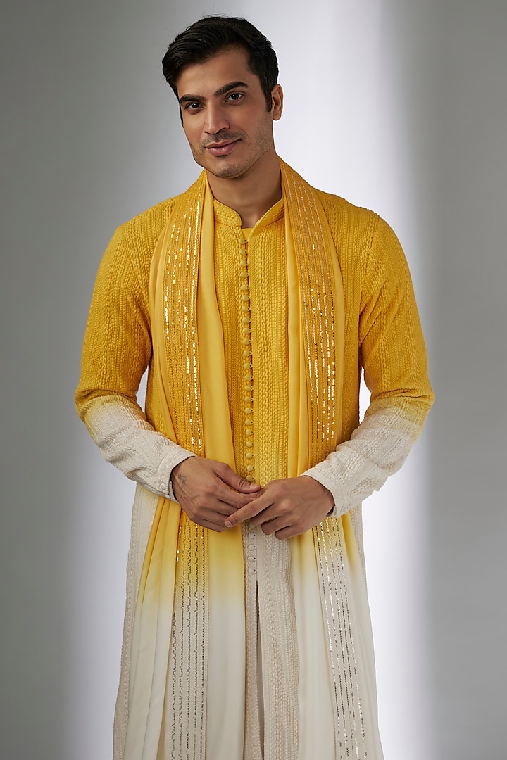 Yellow & Ivory Ombre Georgette Thread Work Kurta Set by SALIL BHATIA at Pernia's Pop Up Shop