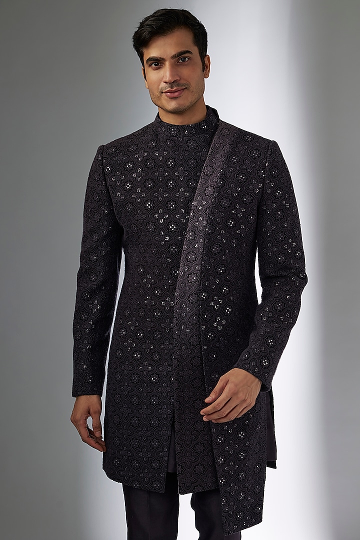 Plum Georgette Sequins Embellished Indo-Western Set by SALIL BHATIA at Pernia's Pop Up Shop