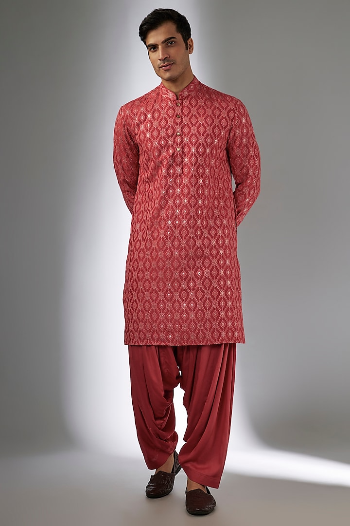 Raspberry Pink Dola Silk Sequins Embellished Kurta Set by SALIL BHATIA