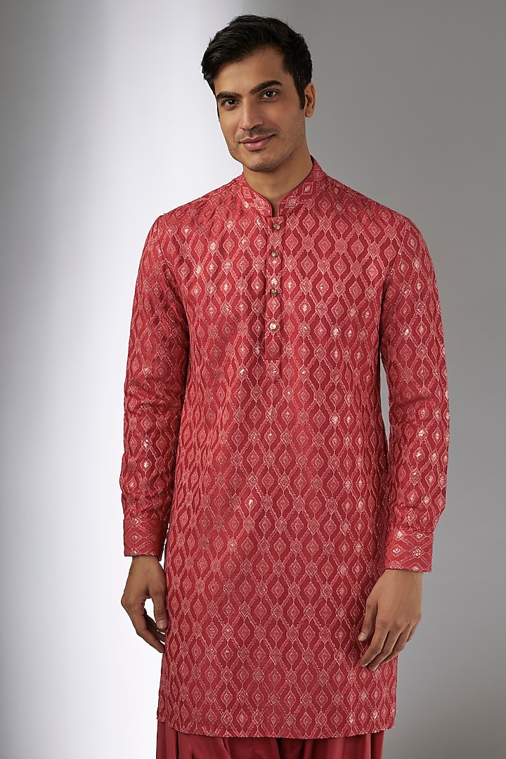 Raspberry Pink Dola Silk Sequins Embellished Kurta Set by SALIL BHATIA at Pernia's Pop Up Shop