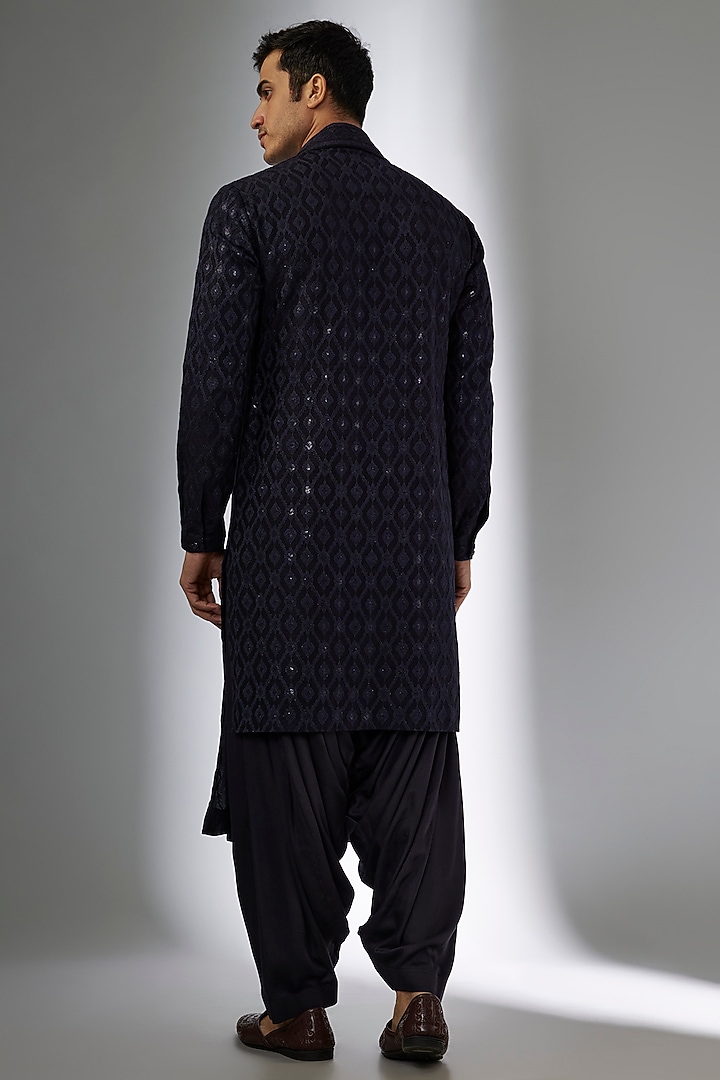 Blackish Blue Dola Silk Sequins Embellished Kurta Set by SALIL BHATIA at Pernia's Pop Up Shop