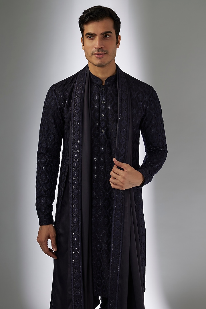 Blackish Blue Dola Silk Sequins Embellished Kurta Set by SALIL BHATIA at Pernia's Pop Up Shop