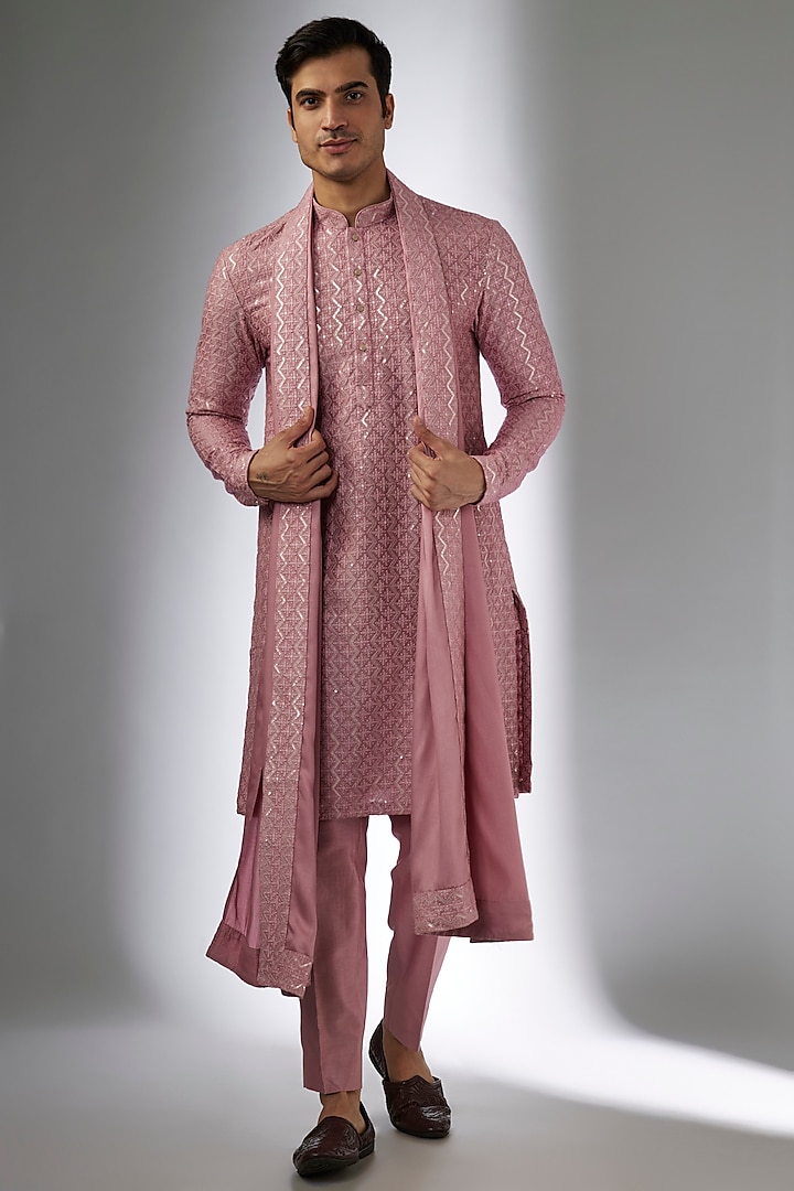 Dusty Pink Dola Silk Sequins Embellished Kurta Set by SALIL BHATIA