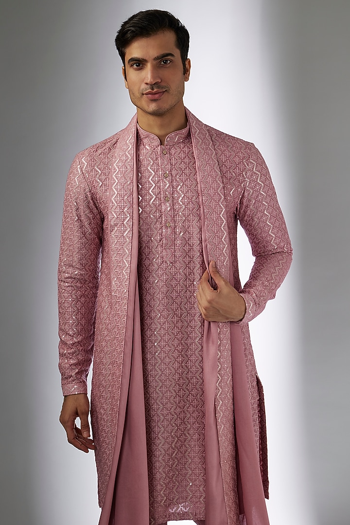 Dusty Pink Dola Silk Sequins Embellished Kurta Set by SALIL BHATIA at Pernia's Pop Up Shop