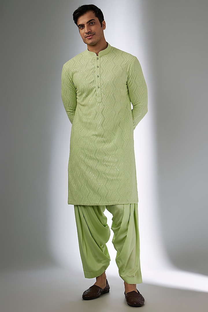 Lime Green Georgette Sequins Embellished Kurta Set by SALIL BHATIA