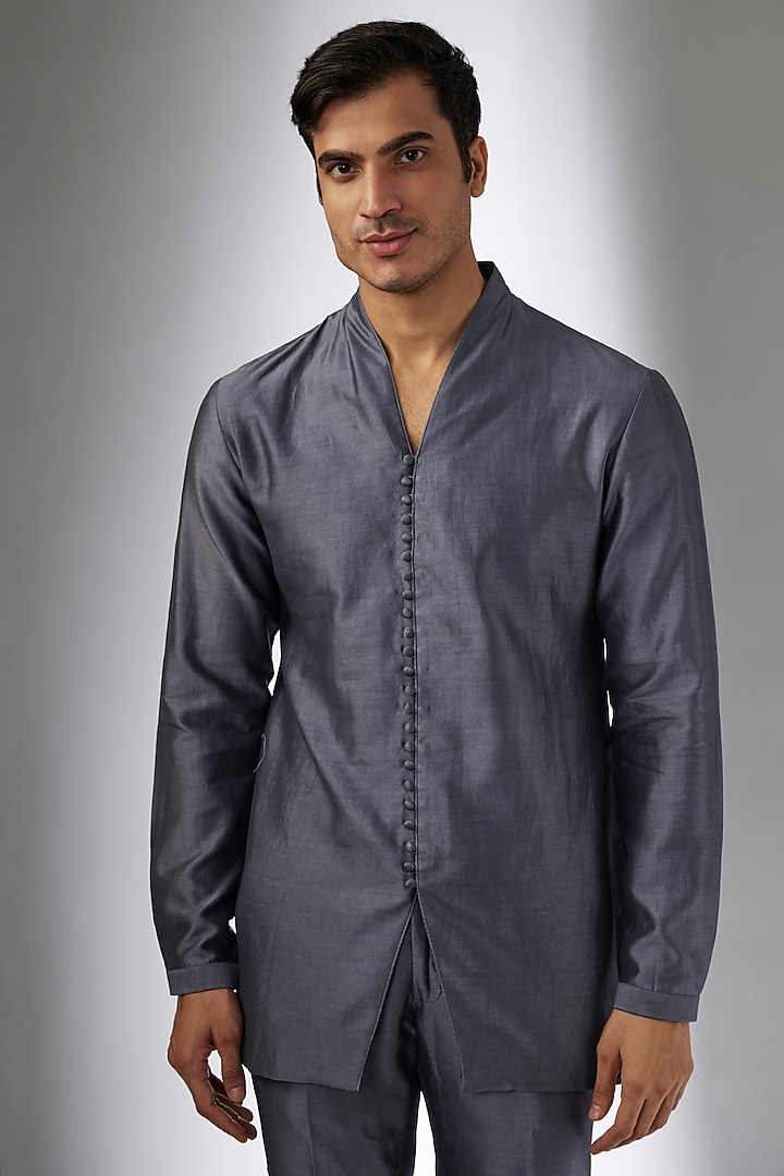 Bluish Grey Chanderi Silk Indo-Western Set by SALIL BHATIA at Pernia's Pop Up Shop