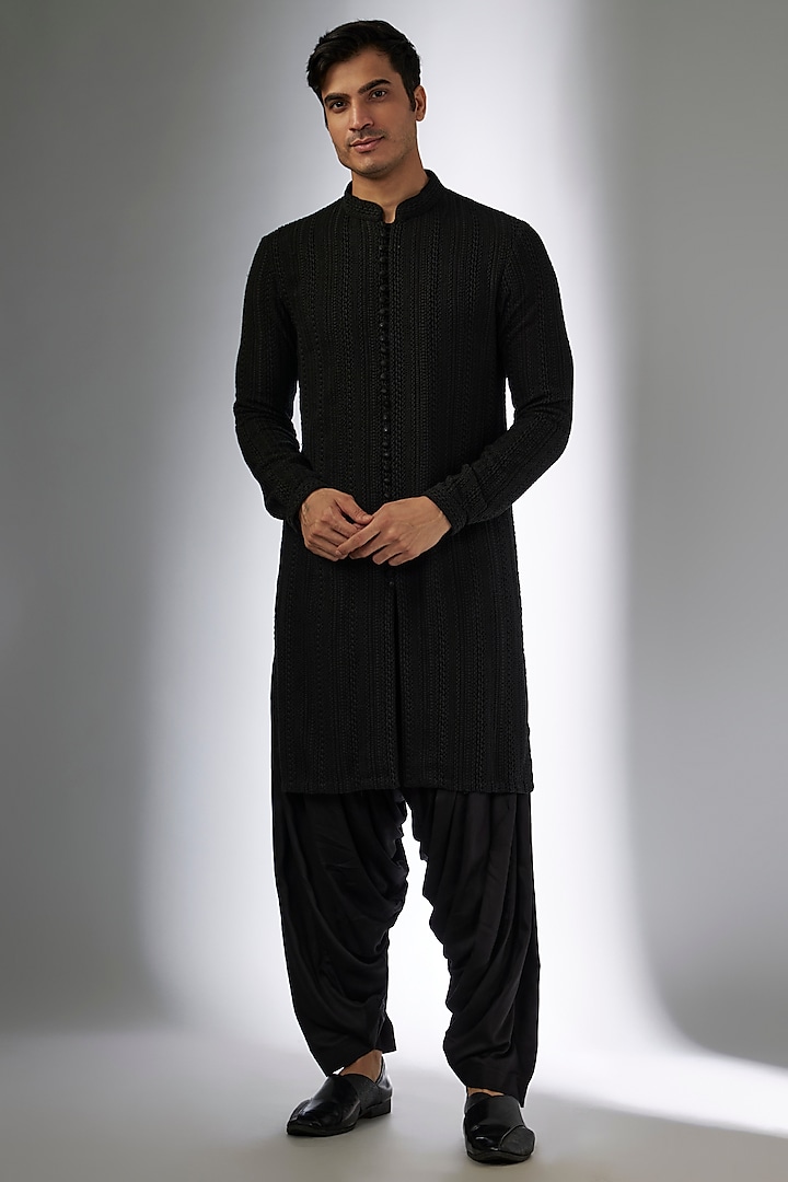 Black Georgette Thread Work Kurta Set by SALIL BHATIA at Pernia's Pop Up Shop