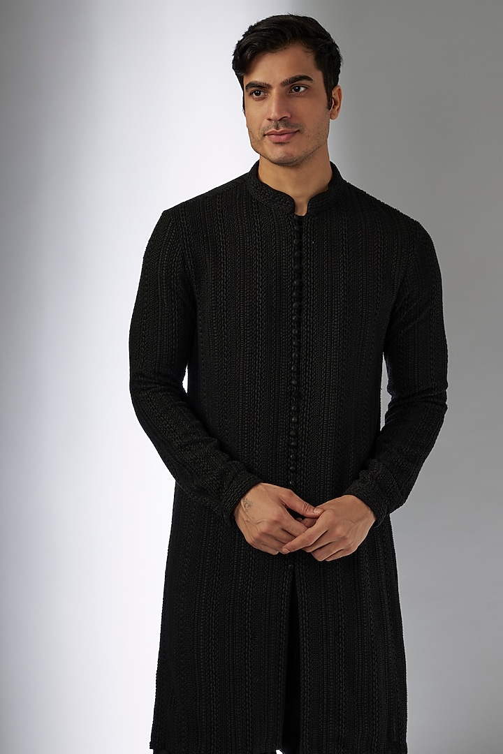 Black Georgette Thread Work Kurta Set by SALIL BHATIA at Pernia's Pop Up Shop