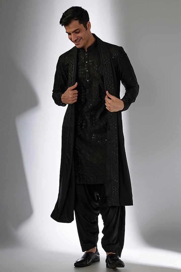 Black Chanderi Silk Sequins Embellished Kurta Set by SALIL BHATIA at Pernia's Pop Up Shop