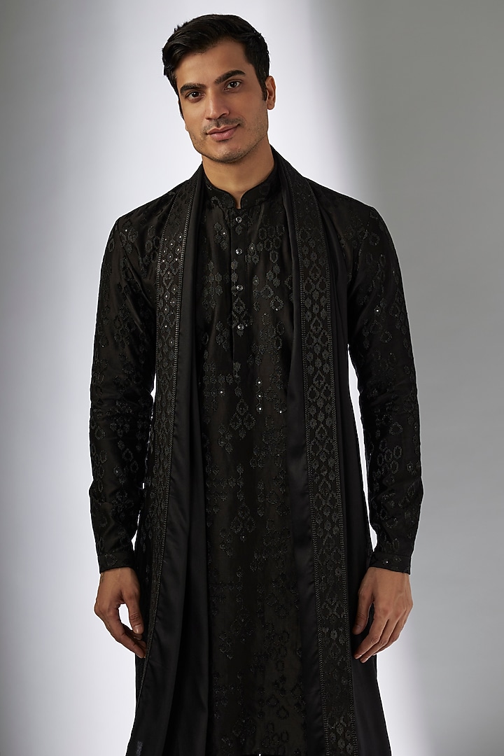 Black Chanderi Silk Sequins Embellished Kurta Set by SALIL BHATIA at Pernia's Pop Up Shop