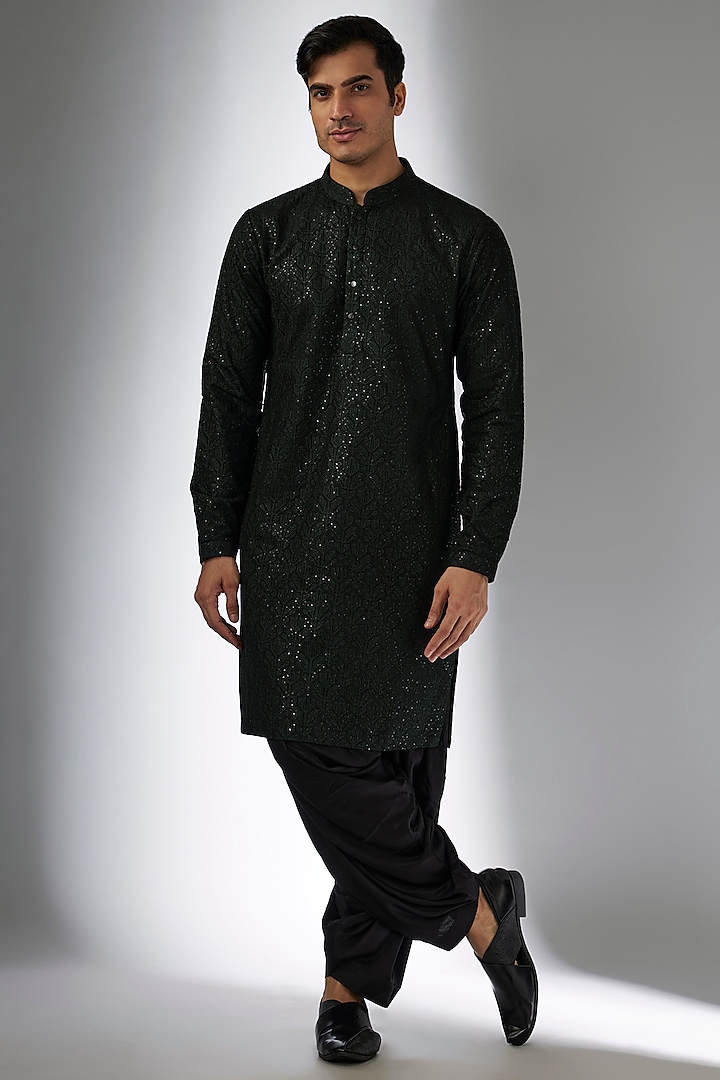 Dark Green Dola Silk Sequins Embellished Kurta Set by SALIL BHATIA at Pernia's Pop Up Shop